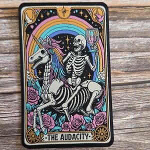 The Audacity Skeleton Riding Unicorn Goth Tarot Card Witch  Iron On Patch